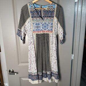Sundance XS Mixed Print Boho Midi Dress Crochet Trim Lace Hem Rayon Keyhole